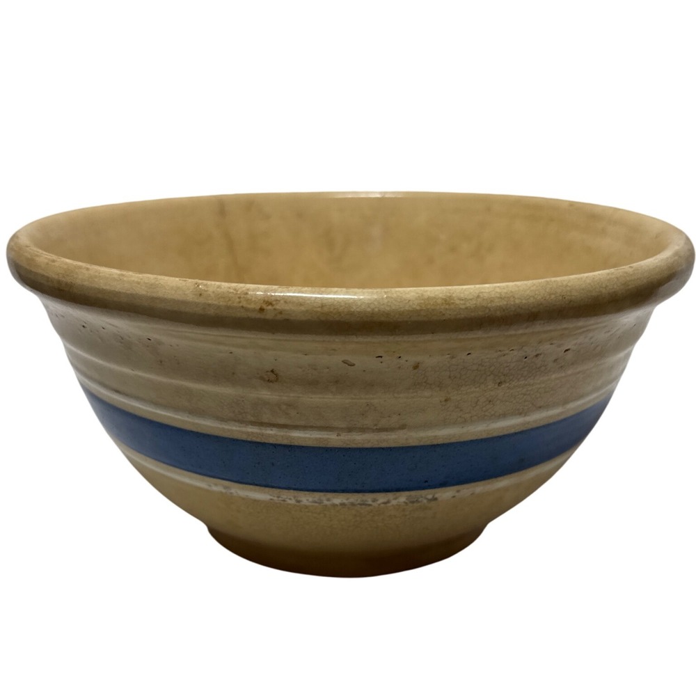 Vintage Yellow Ware Pottery Mixing Bowl Blue Stripe Farmhouse Kitchen Decor